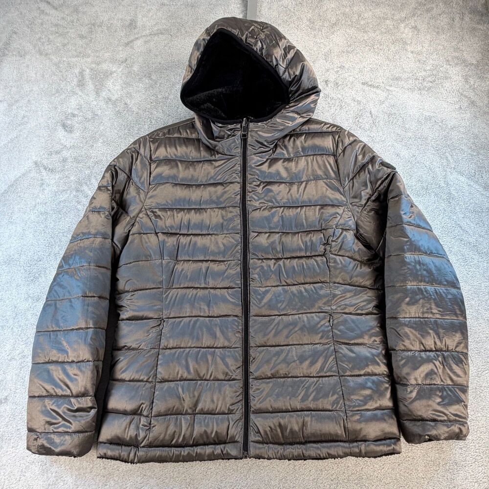 Andrew Marc Womens Puffer Jacket Gray Hooded Insulated Winter Coat L G